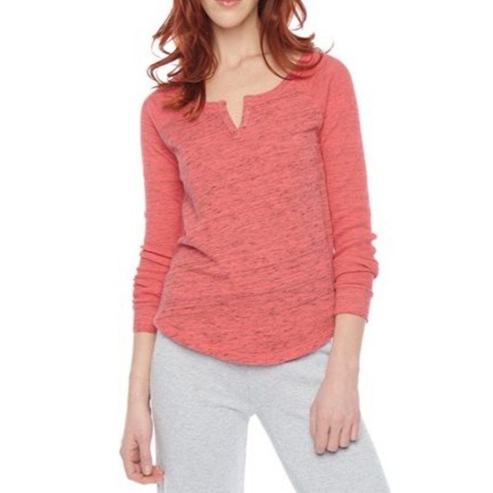 SPLENDID Space Dyed Heather THERMAL RAGLAN Sleeves CORAL Top SHIRT V-Neck Split